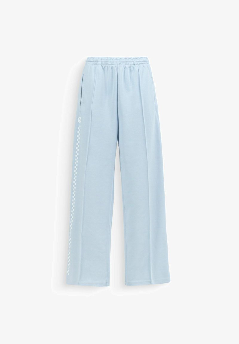 Light blue wide-leg sweatpants with elastic waistband and white checkered stripe detail on the left leg.