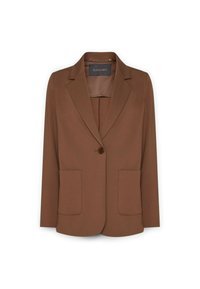 Blazer marrone con un solo bottone, colletto a spillo e due tasche a toppa frontali, presentato su sfondo bianco.