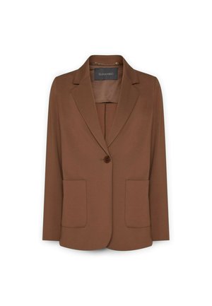 Ein einreihiger brauner Blazer mit Reverskragen und zwei aufgesetzten Taschen, auf einem weißen Hintergrund abgebildet.