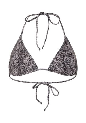 Trojuholníkový vrchný diel bikín so vzorom čierneho a sivého leoparda, s viazaním na krku a na chrbte.
