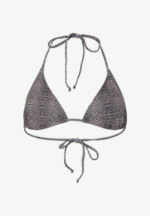 Trojuholníkový vrchný diel bikín so vzorom čierneho a sivého leoparda, s viazaním na krku a na chrbte.