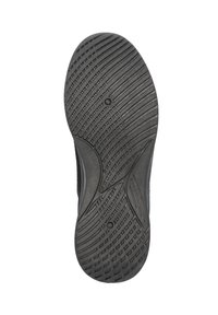 Schoenzool van gestructureerd zwart rubber, met meerdere grippatronen, groeven en een ergonomisch ontwerp voor grip en ondersteuning.