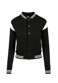 Zwarte varsity jack met witte accenten, ribbelkraag en -manchetten, drukknoopsluiting, zijzakken en gestreepte tailleband. Glad materiaal.