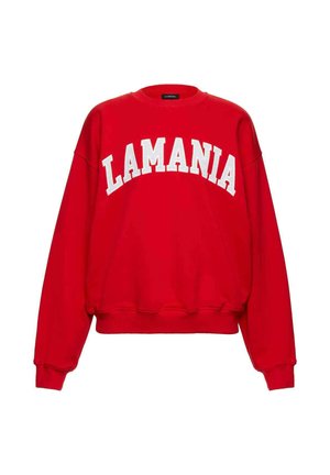 Raudonas džemperis su apvalia iškirpte, laisvo silueto ir baltais siuvinėjimais „LAMANIA“ per visą priekį. Pagamintas iš minkštos medvilnės ir turi ribuotas rankogalius.