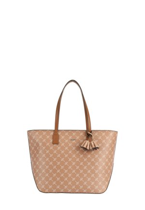 Borsa a tracolla beige con un motivo a foglie bianche ripetuto, manici in pelle marrone e un pon-pon decorativo. Presenta una texture liscia e una forma strutturata.