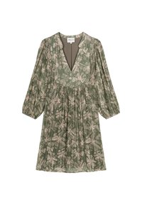 Groene jurk met een bleek abstract bloemmotief, lange geplooide mouwen, diepe V-hals en een geraffineerde taille.