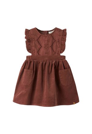 Robe marron pour tout-petit avec corsage floral brodé, manches volantées, jupe froncée et deux poches devant.