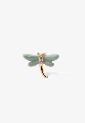 Gold-tone dragonfly pin featuring light green enamel wings and three clear rhinestones at the body, with a smooth, glossy texture.