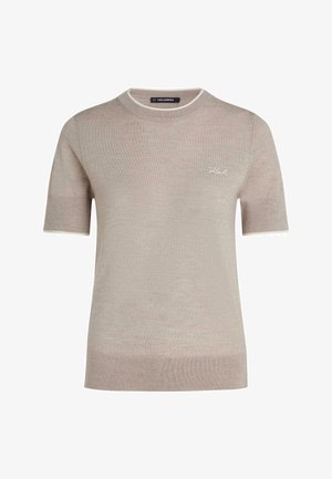 Jersey de punto beige de manga corta con cuello redondo y ribete blanco sutil, con pequeño bordado blanco "Karl" en el pecho.