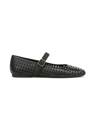 Black ballet flats with a perforated design, featuring a woven strap and a small square buckle. Rounded toe and flat sole.