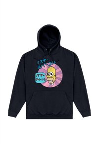 Felpa nera con cappuccio con una grafica che ritrae il volto di un personaggio dei cartoni animati in colori vivaci e testo giapponese, con tasca frontale e coulisse al cappuccio.