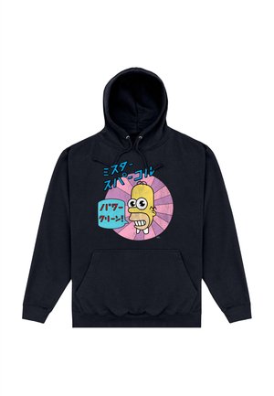 Felpa nera con cappuccio con una grafica che ritrae il volto di un personaggio dei cartoni animati in colori vivaci e testo giapponese, con tasca frontale e coulisse al cappuccio.