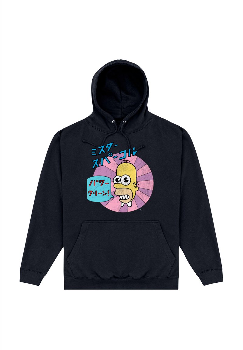 Felpa nera con cappuccio con una grafica che ritrae il volto di un personaggio dei cartoni animati in colori vivaci e testo giapponese, con tasca frontale e coulisse al cappuccio.