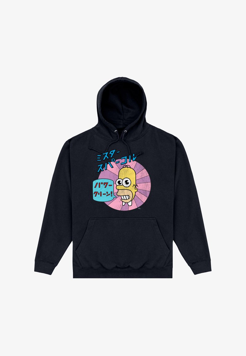 Felpa nera con cappuccio con una grafica che ritrae il volto di un personaggio dei cartoni animati in colori vivaci e testo giapponese, con tasca frontale e coulisse al cappuccio.