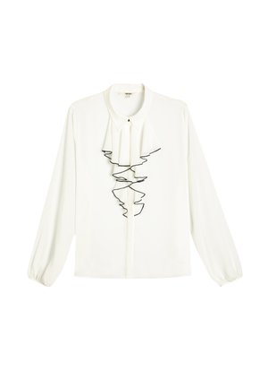 Camisa blanca de manga larga con cuello alto, con un diseño delantero acampanado en negro, hecha de un tejido suave.