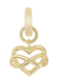 Gul hjärtformad berlock med knuten design. Slät, glänsande yta; hänger från en slingknäppning. Formen är intrikat och detaljerad.