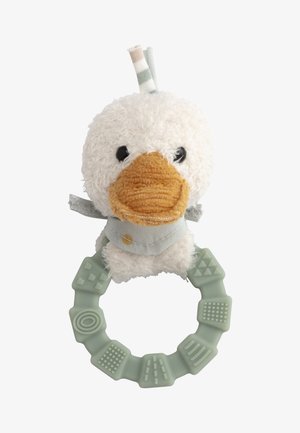 Soft plush duck toy with a textured orange beak. A light green silicone ring features various tactile shapes. Gray scarf accents the neck.