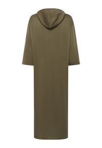 Oljen grøn oversized hettekjole, kortermet, myk stoff, midi-lengde, minimalistisk design med en sentral hette bak.