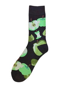 Zwarte sok met een patroon van groene appels, appelkernen en bladeren door het geheel.