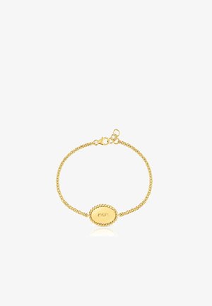Pulsera de oro con un colgante ovalado texturizado, que presenta una cadena fina con cierre de gancho, superficie lisa y detalles en relieve.
