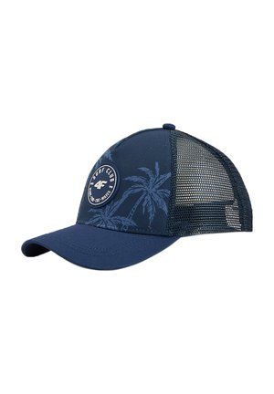 Granatowa czapka typu trucker z siateczkowym tyłem, grafiką palmy i okrągłą naszywką „Surf Club” z przodu.