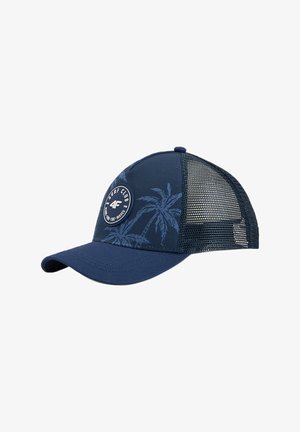 Granatowa czapka typu trucker z siateczkowym tyłem, grafiką palmy i okrągłą naszywką „Surf Club” z przodu.