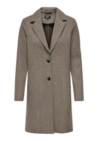 Manteau en mélange de laine brun avec un revers cranté, deux boutons noirs et des poches latérales. Texture lisse avec une silhouette droite et ajustée.