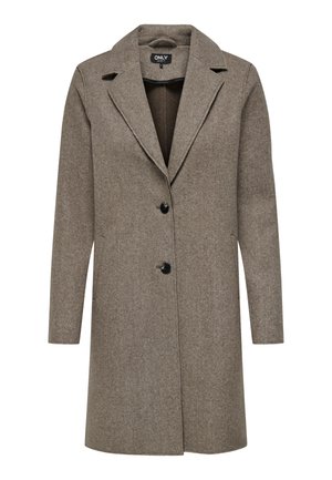 Cappotto in misto lana color marrone con revers, due bottoni neri e tasche laterali. Tessuto morbido con una silhouette dritta e sartoriale.