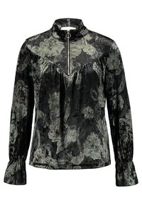 Black floral patterned velvet blouse with a high collar, front zipper, and gathered cuffs. Features a relaxed fit and textured surface.