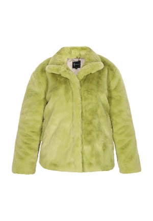 Chaqueta de piel sintética en un verde brillante, con un cuello con solapa, mangas largas y un acabado suave y texturizado. Sin cierres visibles.