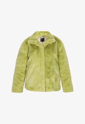 Élénk zöld, műszőrme dzseki, galléros nyakkal, hosszú ujjal és puha, texturált felülettel. Nincsenek látható zárások.