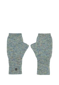 Mănuși fără degete dintr-un material tricotat multicolor în tonuri de albastru, cu manșete îmbunate și un mic logo pe încheietura mâinii.
