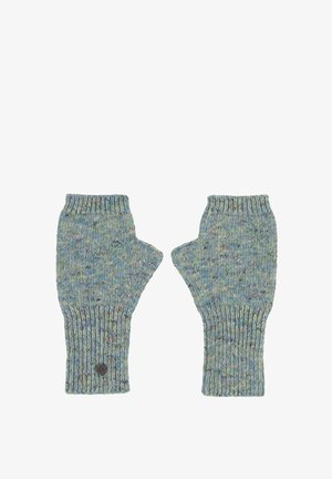 Kétujjas kesztyű, több színű, kék árnyalatokban készült kötött anyagból, bordázott mandzsettákkal és egy kis logós díszítéssel a csuklón.