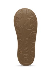 Intersuola di scarpa in gomma marrone con superficie texturizzata e un motivo logato ripetuto, di forma circolare. Dimensione contrassegnata come "20".