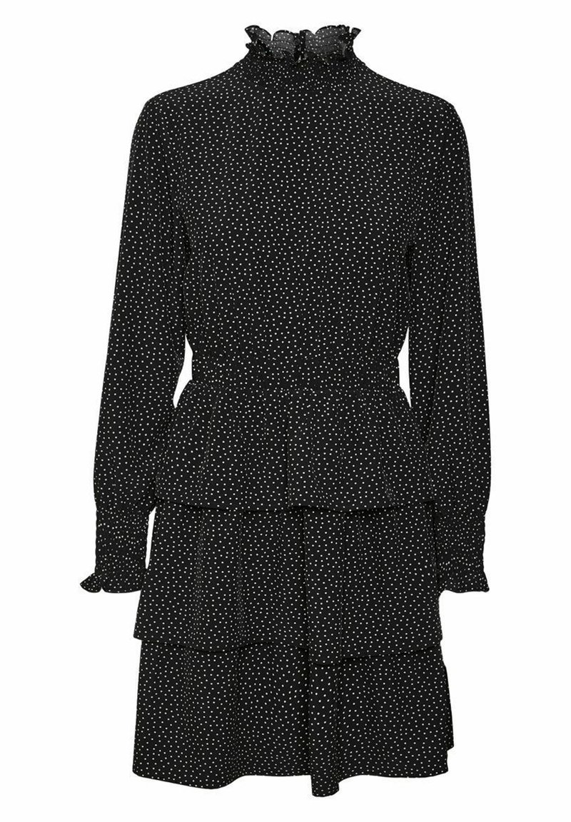 Robe noire à manches longues avec des pois blancs, col haut à volants, taille cintrée et jupe à volants superposés.