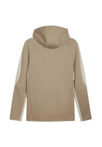 Sudadera con capucha en beige con mangas largas, que presenta una textura suave y acentos claros contrastantes en las costuras laterales.