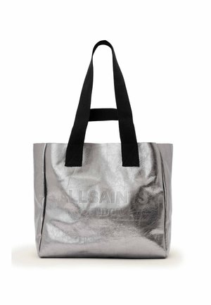 Geantă tote metalică argintie cu mânere negre, având un text subtil embosat "ALLSAINTS LONDON" pe față.