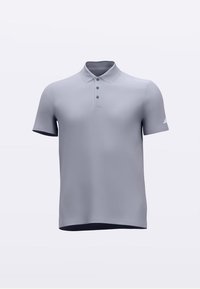 Gaiši pelēka polo krekls ar apkakli, trīs pogu aizdari, īsām piedurknēm un tumši zilu akcentu malās. Audums ar faktūru.