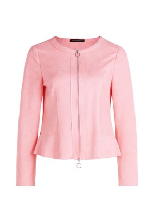 Lys pinku suede-lignende jakke med rund halsudskæring, lange ærmer og en frontlynlås med et cirkulært træk-accent og peplumdetalje.