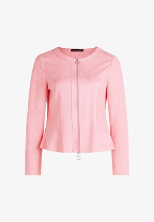Veste en suédine rose clair avec un col rond, des manches longues et une fermeture éclair à l'avant mettant en valeur une tirette circulaire et un détail peplum.