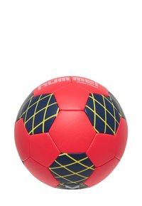 Röd och marinblå handboll med hexagonala paneler. Ytan har en strukturerad rutnätsmönster i gult. Varumärket visas högst upp.