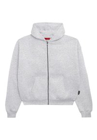 Grauer Reißverschluss-Hoodie aus weichem Stoff, mit einer geräumigen Kapuze, zwei Vorderaschen und gerippten Bündchen und Saum.