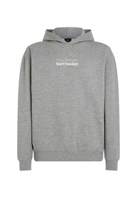 Grijze hoodie gemaakt van zacht fleece-materiaal. Heeft een kangoeroezak en een capuchon met trekkoord. Het logo van "The Future Surf Society" is op de voorkant gedrukt.