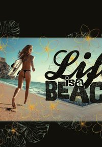 Une femme en bikini noir court sur une plage de sable, tenant une planche de surf. L'arrière-plan présente des vagues et des illustrations de fleurs tropicales.