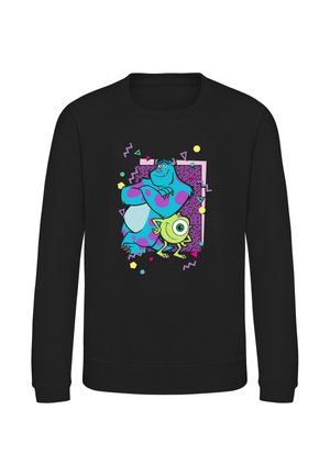 Sort sweatshirt med farverige tegneseriefigurer, et stort blåt monster med lilla pletter og et lille grønt enøjede monster.
