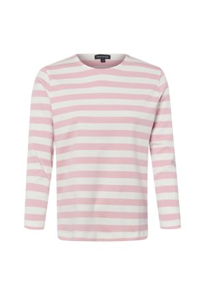 Langarmig overhemd met roze en witte horizontale strepen en een ronde hals, getoond op een witte achtergrond.