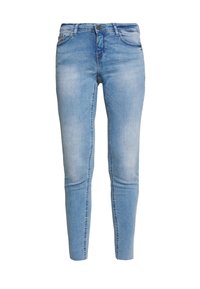 Jeans de mezclilla azul claro con un corte ajustado, que cuentan con cremallera y cierre de botón. La tela tiene una textura suave con un ligero desgaste.
