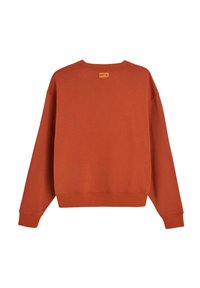Sweter crewneck w kolorze rdzy, z długimi rękawami i ściągaczami, pokazany z tyłu z małą metką materiałową w pobliżu dekoltu.