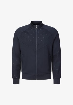 Marineblaue Zip-up-Jacke mit hohem Kragen, gerippten Bündchen und Saum, dezentem geprägtem Muster und schrägen Paneel-Details auf Brust und Ärmeln.