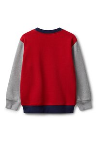 Felpa a maniche lunghe per bambini con corpo rosso, maniche grigie, colletto a coste blu navy, polsini e vita, mostrata da dietro su sfondo bianco.